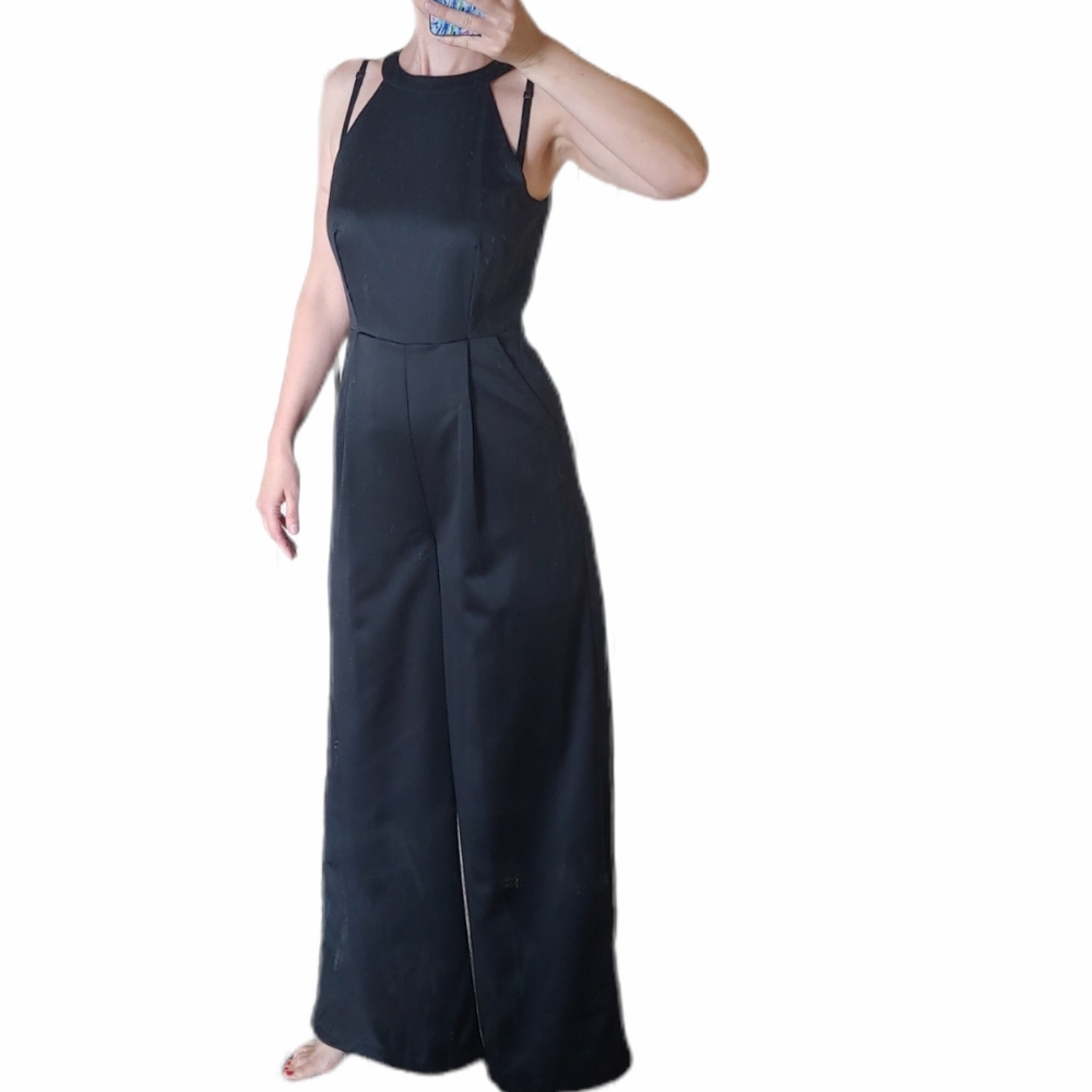 Line and Dot Revolve black satin sleeveless wide leg jumpsuit halter size Small